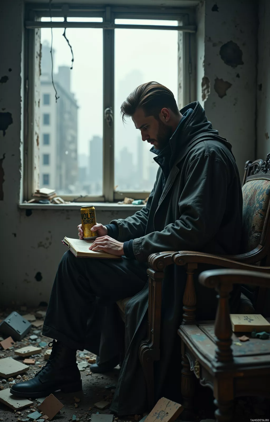 Мужчина сидит в обветшалой комнате, читая книгу и держа банку газировки.