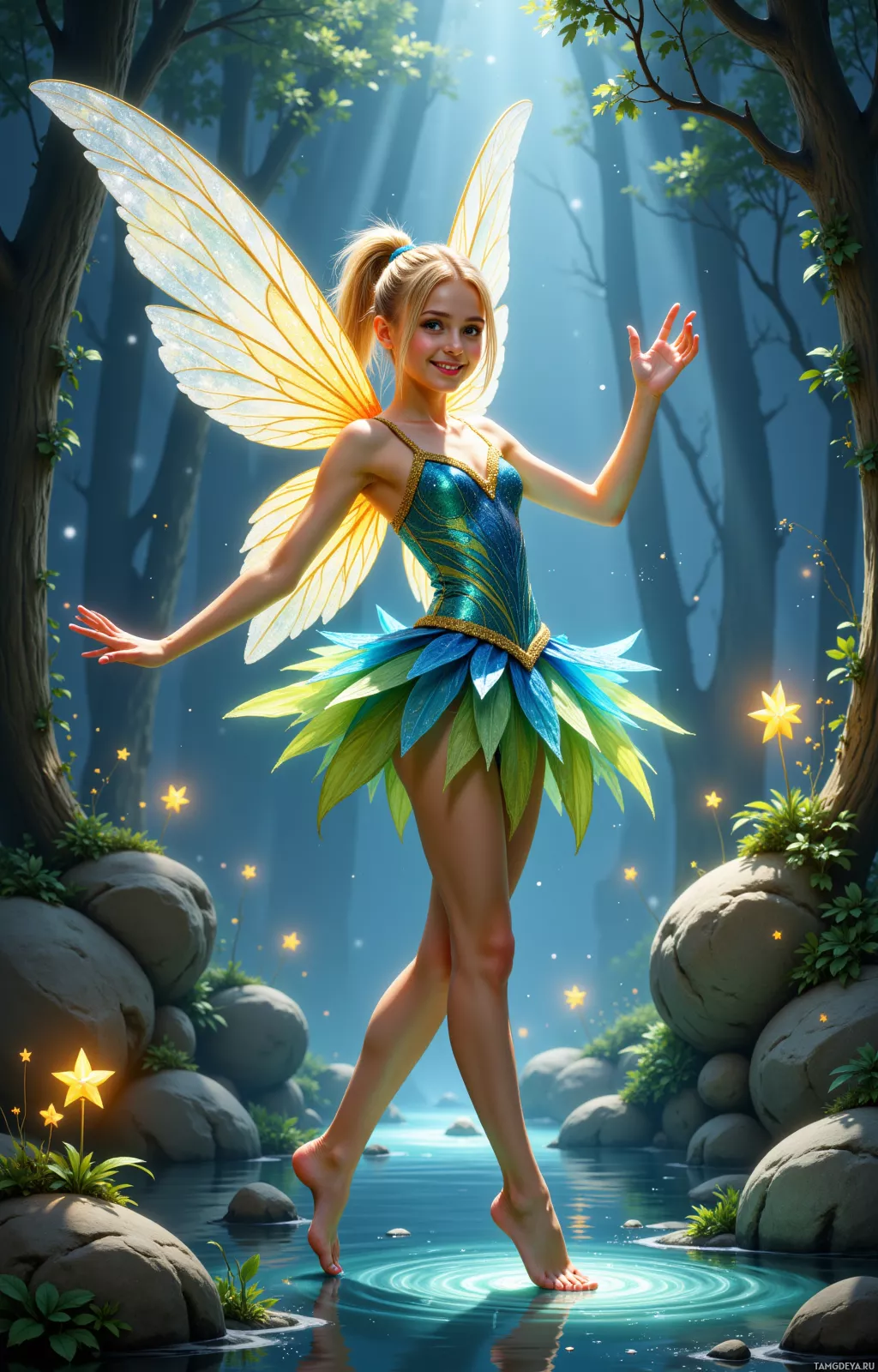 Realistic high quality photo. 19‑year‑old female fairy with silver shimmering wings, bright blue eyes, blonde ponytail, wearing a colorful tutu skirt and glittery top in swirling blue, green, yellow patterns, dancing with a bright smile in a hidden twilight glade surrounded by singing fireflies, a crystal pond, and twinkling stars while a gentle breeze flutters her wings.