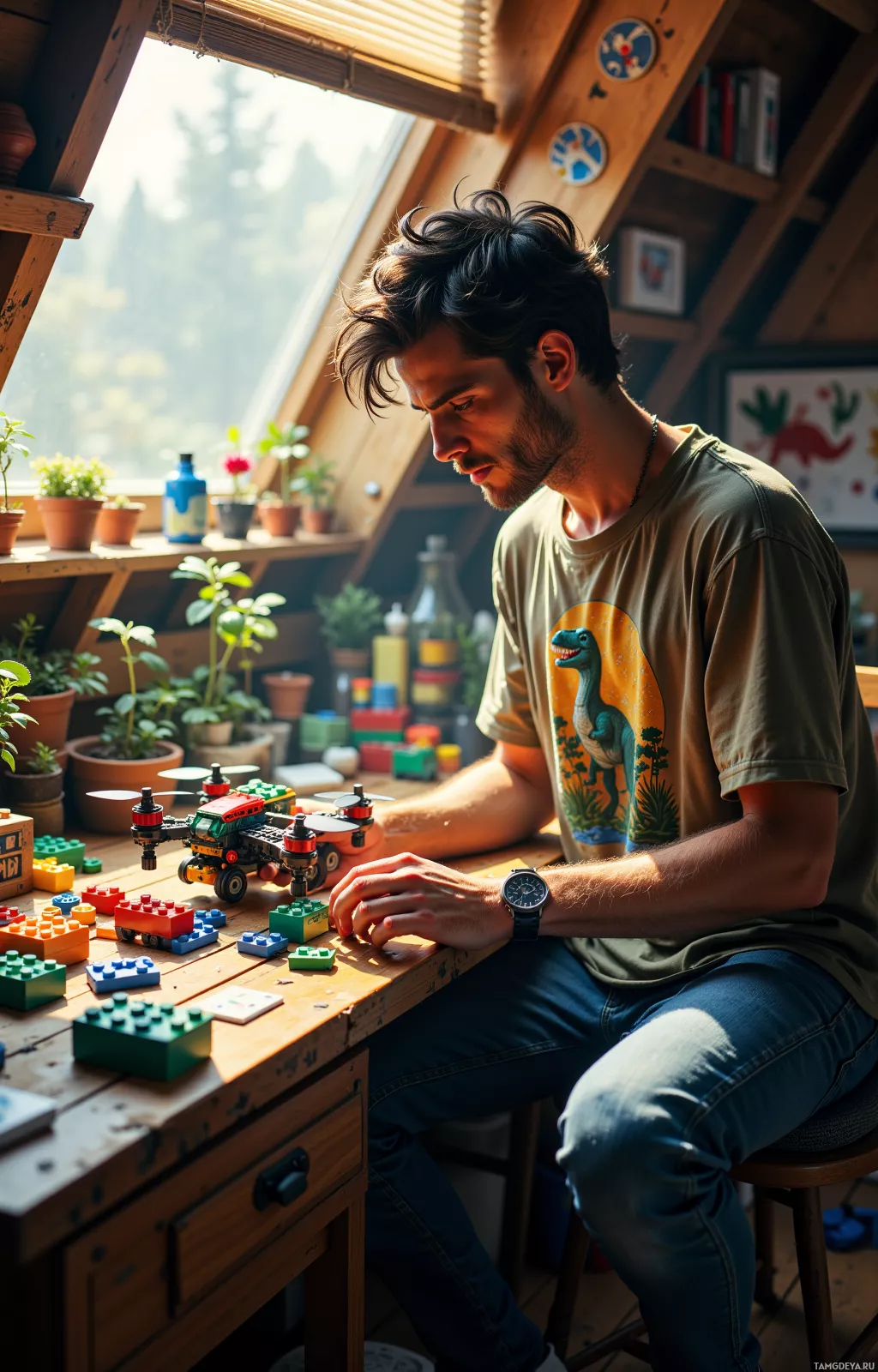 Realistic high quality photo. Morning light streams through attic blinds onto a cluttered table where a 29‑year‑old man with messy dark hair, bright blue eyes, fair freckled skin, wearing a dinosaur‑and‑Lego graphic tee, blue jeans, and sneakers, is carefully assembling and testing a tiny weather‑proof drone prototype made of half‑sized interlocking bricks, surrounded by scattered bricks and a faint glue scent, while a sketch of a rooftop garden playground lingers in his thoughts.