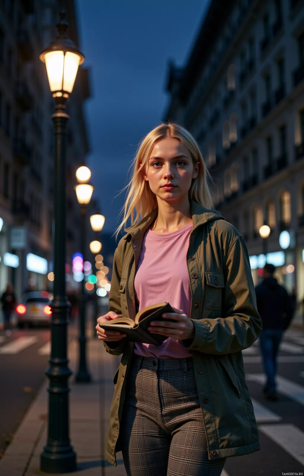Realistic high quality photo. A 31‑year‑old woman with blonde hair and blue eyes, wearing a jacket over a pink t‑shirt and plaid pants, walking past a flickering streetlight at a city corner at night, holding an open notebook as she listens to strangers mid‑argument amid the hum of traffic, in a modern realistic scene.