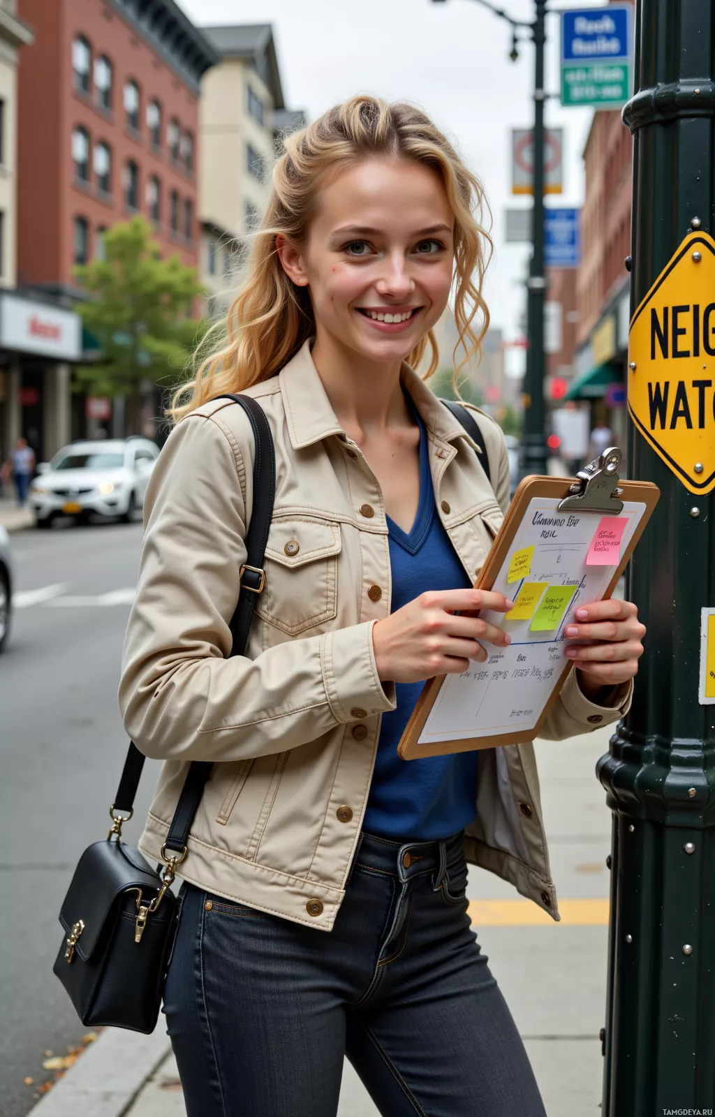 Realistic high quality photo. Female 22, curly blonde hair, green eyes, light complexion, wearing a light casual jacket and dark jeans, standing on a city street corner at midday, holding a clipboard with sticky notes and a community mural plan while plotting a food‑drive route, with kids chanting nearby and a neighborhood watch sign on a wall, her expression fierce and smirking, hair pulled back.