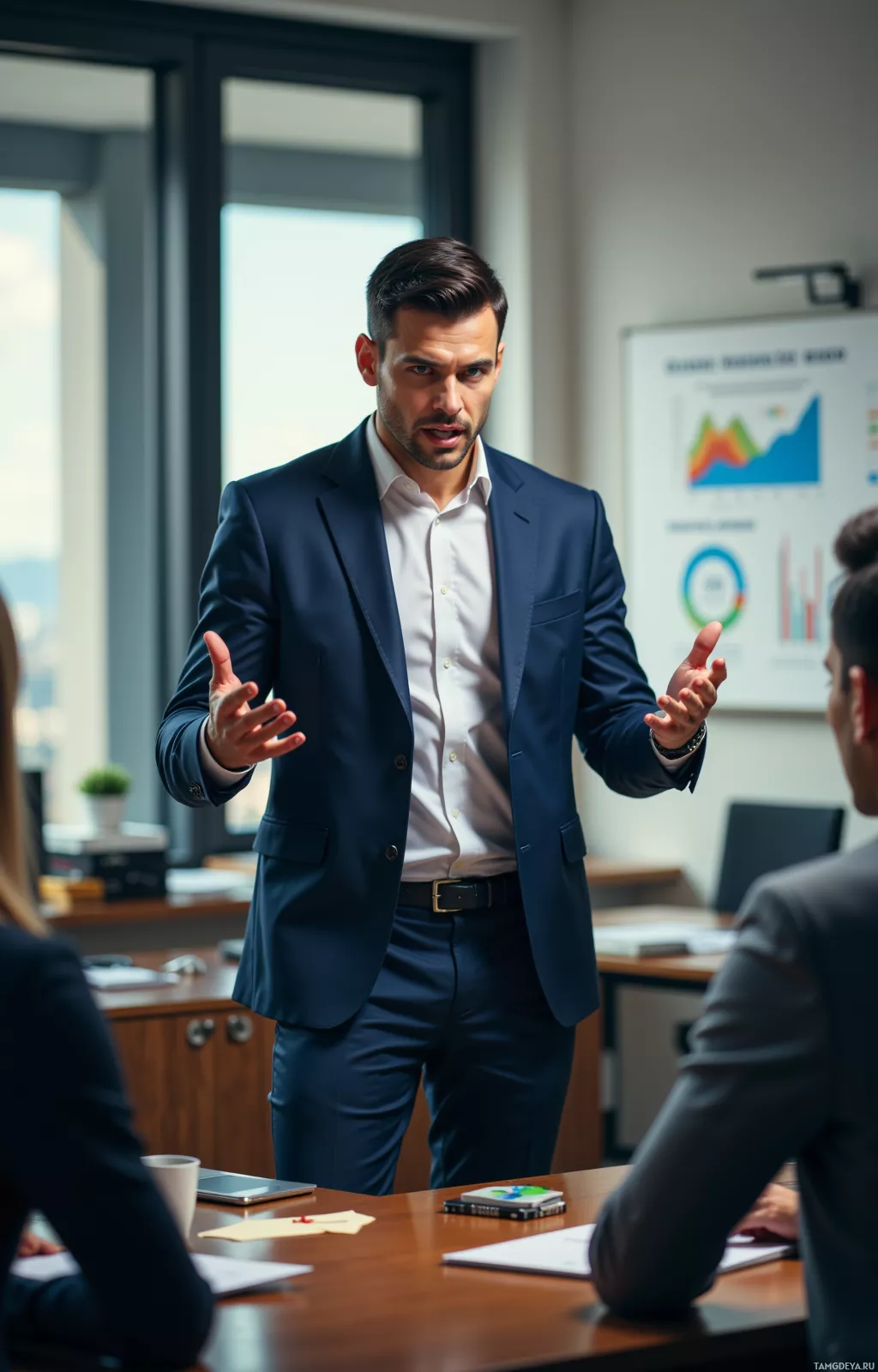Realistic high quality photo. A 29‑year‑old man with short black hair, striking blue eyes, fair skin, and a strong jawline, wearing a tailored slim‑fit navy blue suit and crisp white dress shirt, stands in a modern boardroom with polished desks, a whiteboard, charts, and a conference table, passionately addressing a group of executives while gesturing with one hand, afternoon light streaming through the windows, tension and ambition palpable in the air.