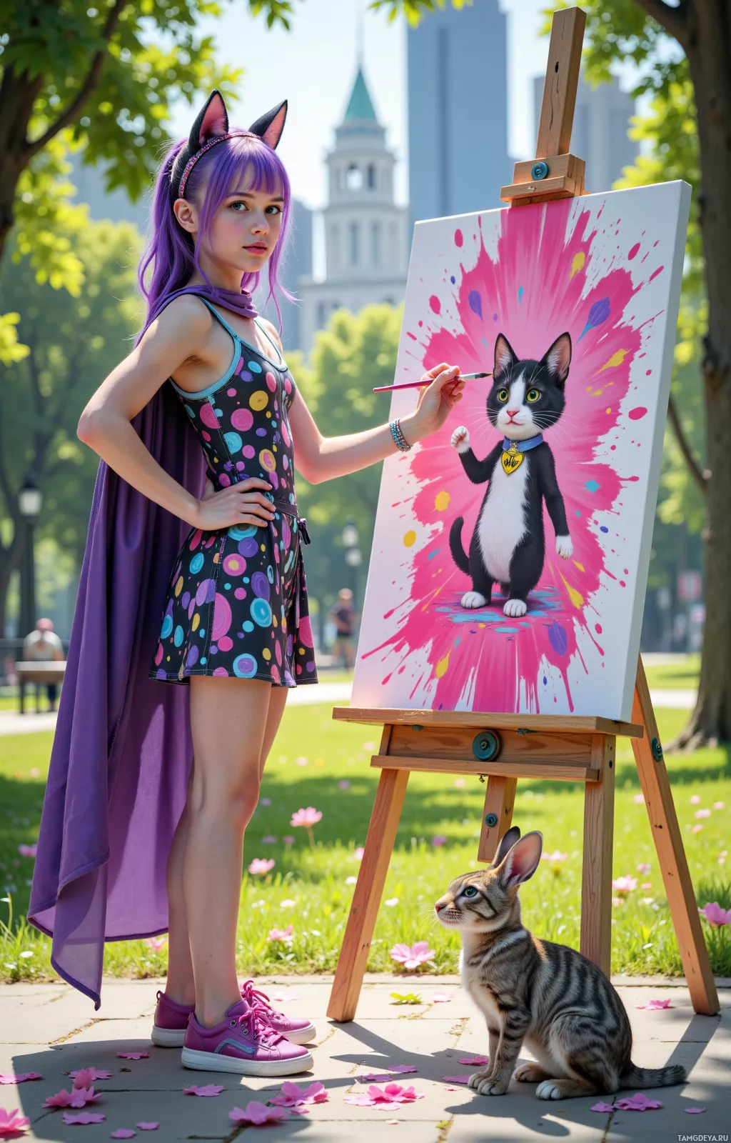 На фотографии женщина в ярком платье стоит рядом с мольбертом, на котором изображена кошка, а у её ног сидит настоящая кошка.