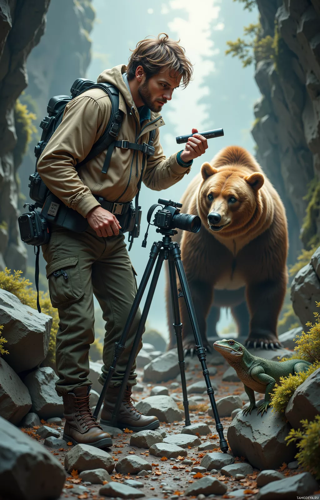 Фотограф с фотоаппаратом на штативе запечатлел медведя и ящерицу на фоне скалистого пейзажа.