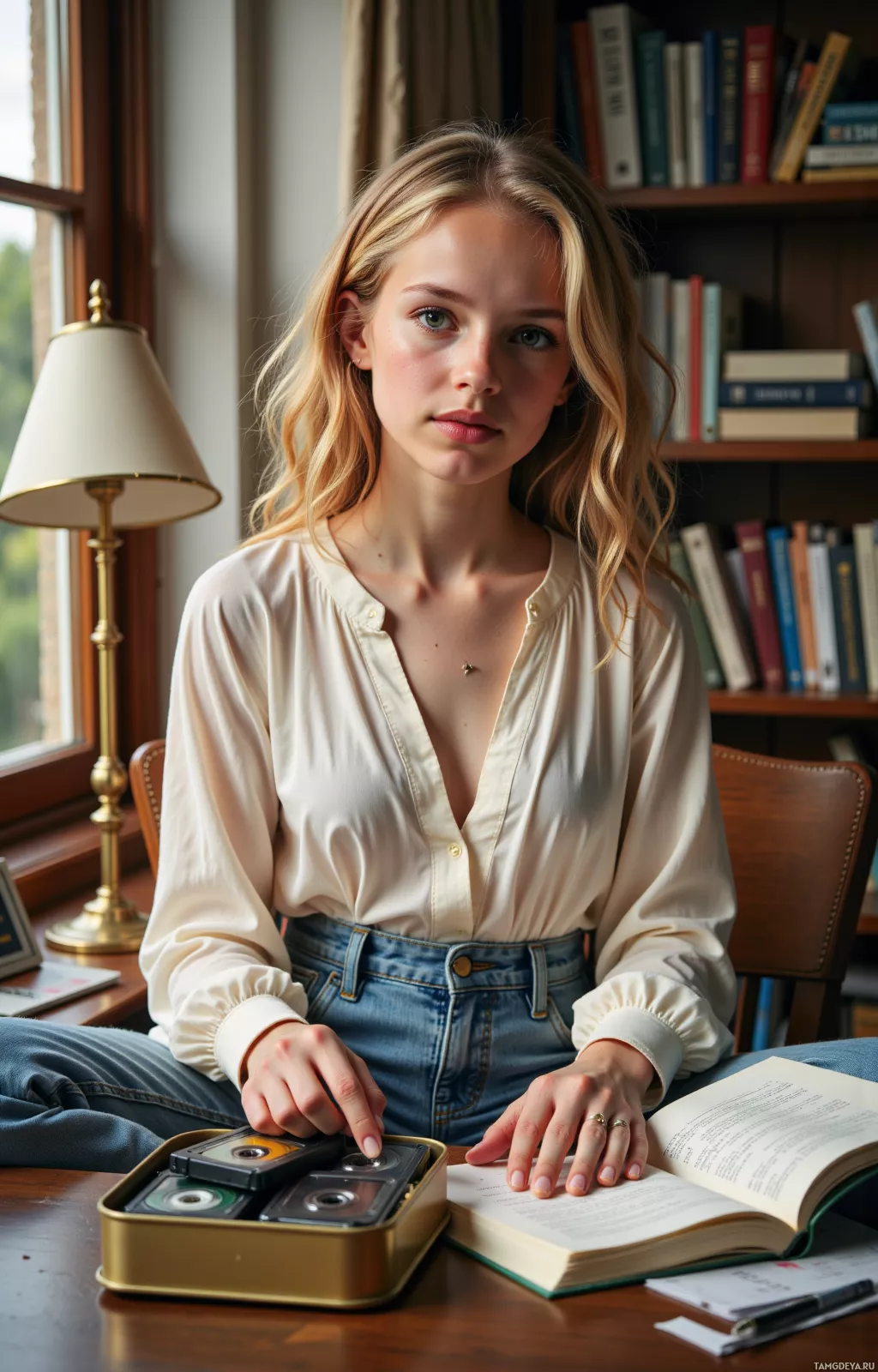 Человек сидит за столом с книгой и коробкой кассет.