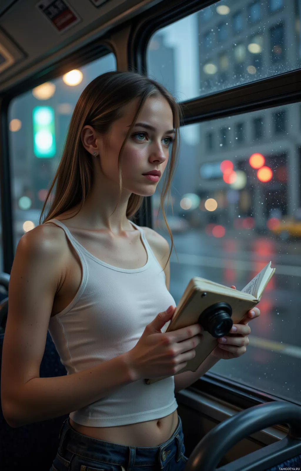 Женщина читает книгу, сидя в автобусе, за окном которого виден городской пейзаж.