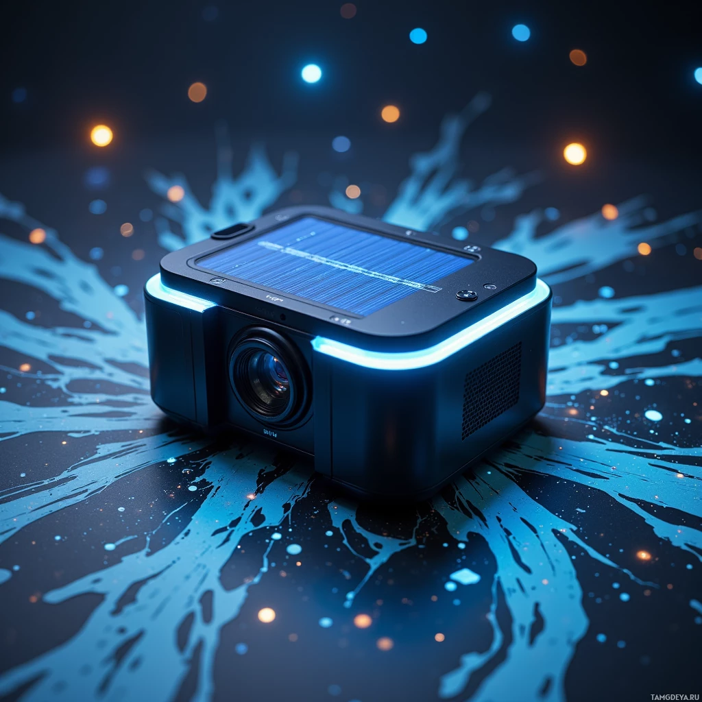 Semi-abstract image with many light, that is suitable for the post:  Matte black solar-powered AR graffiti projector with a soft blue glow, sleek chassis, flexible projection system, integrated voice-activated controls, and built-in code scanner, compact and futuristic.