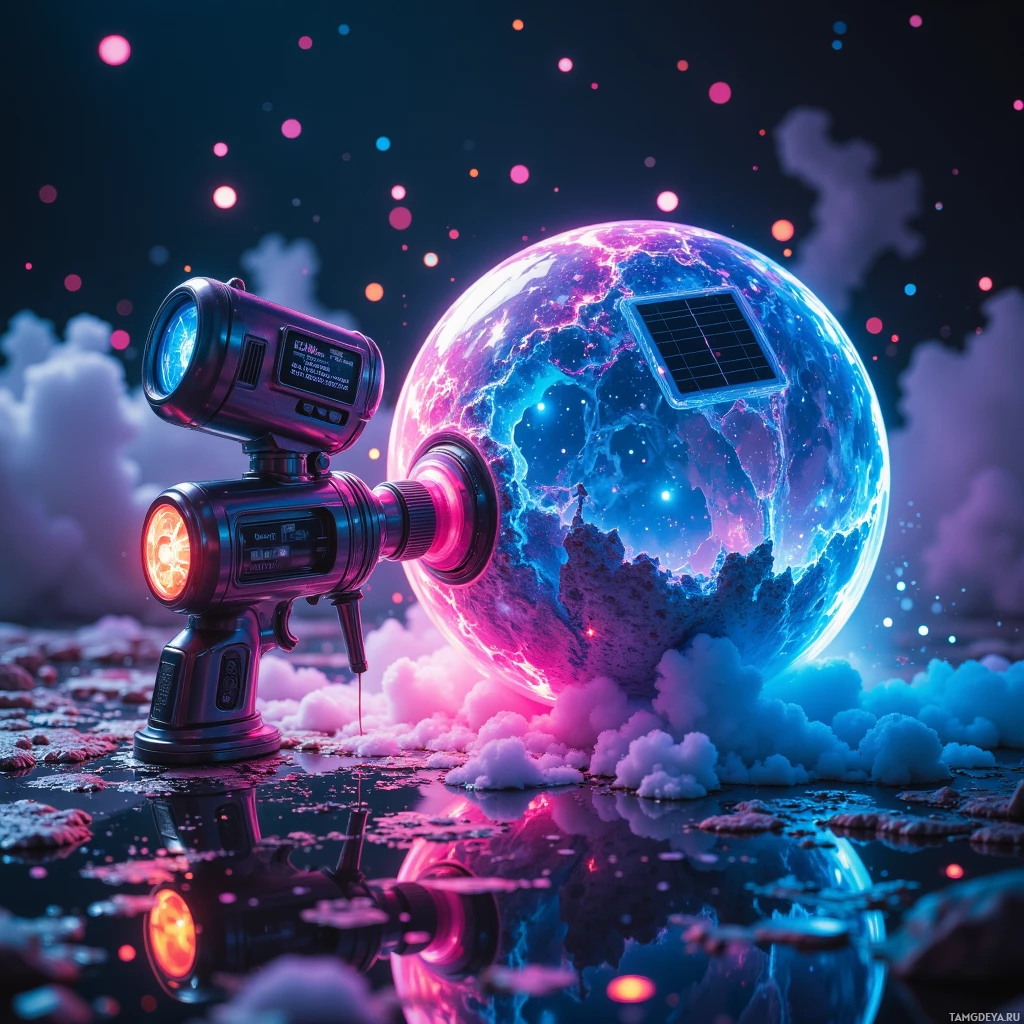 Semi-abstract image with many light, that is suitable for the post:  Handheld translucent aluminum sphere paint sprayer with a built‑in UV filter and tiny solar panel, featuring color‑reactive resin that shifts hue under light, a vaporizing nozzle that releases mist forming a smooth paint film, and a micro‑controller console for voice‑controlled gradient adjustments.