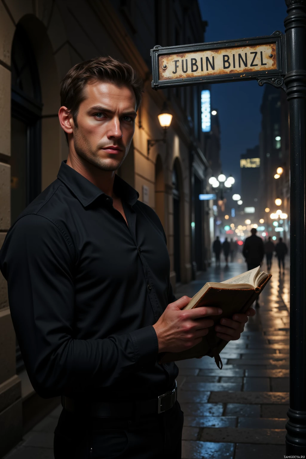 Realistic high quality photo. Man, 41, short dark brown hair, piercing blue eyes, fair skin, black shirt and dark trousers, holding a worn leather journal, standing in a dim hallway with low humming lights, tracing a faded street sign, outside city illuminated by flickering street lamps at night, modern realism