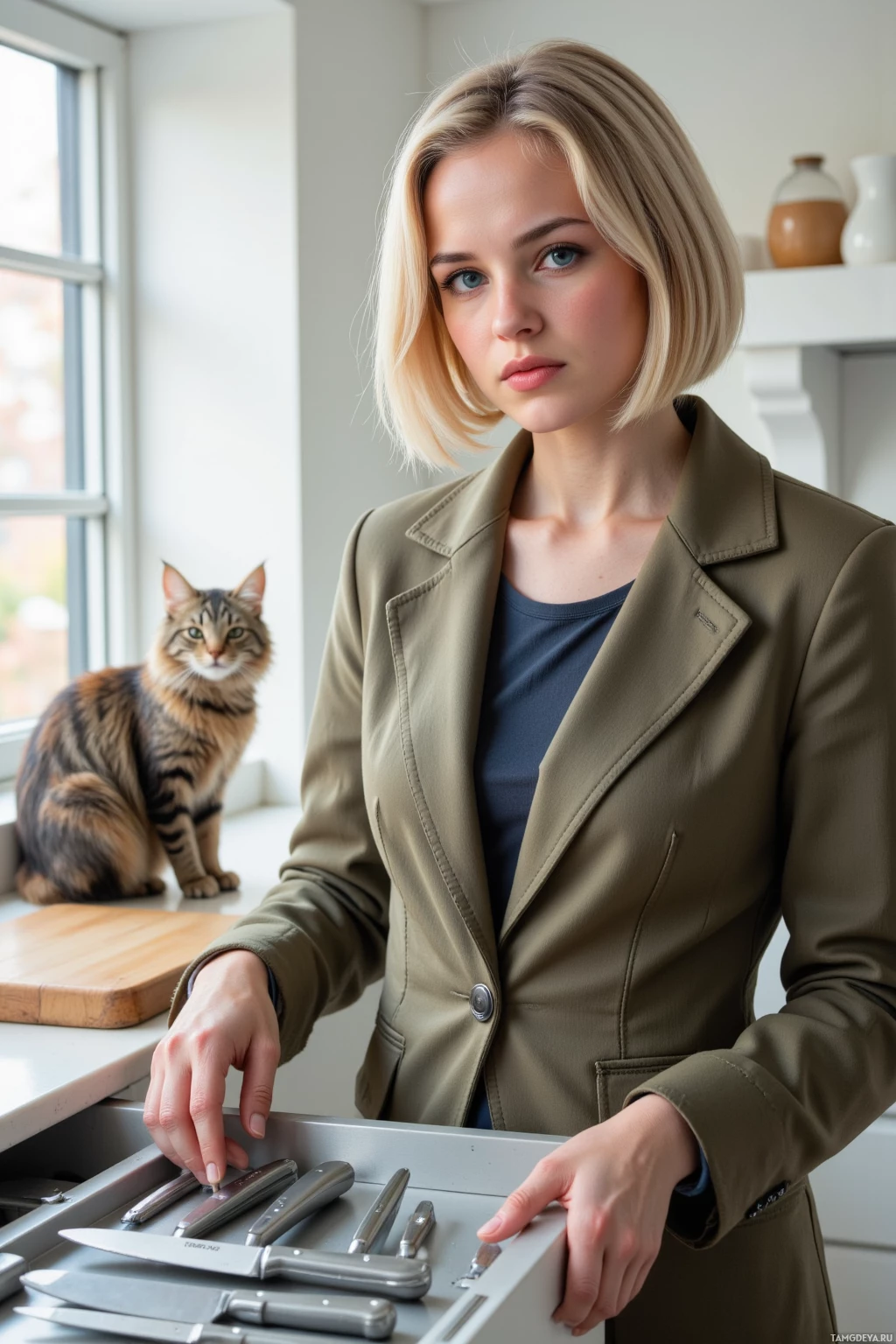 Realistic high quality photo. A 27-year-old woman with a blonde bob haircut and blue eyes, wearing a vintage tailored jacket, methodically arranging kitchen knives by blade curvature inside a stainless steel drawer in a bright modern kitchen at morning light, her expression a mix of concentration and slight frustration, with a cat perched on the counter looking amused.