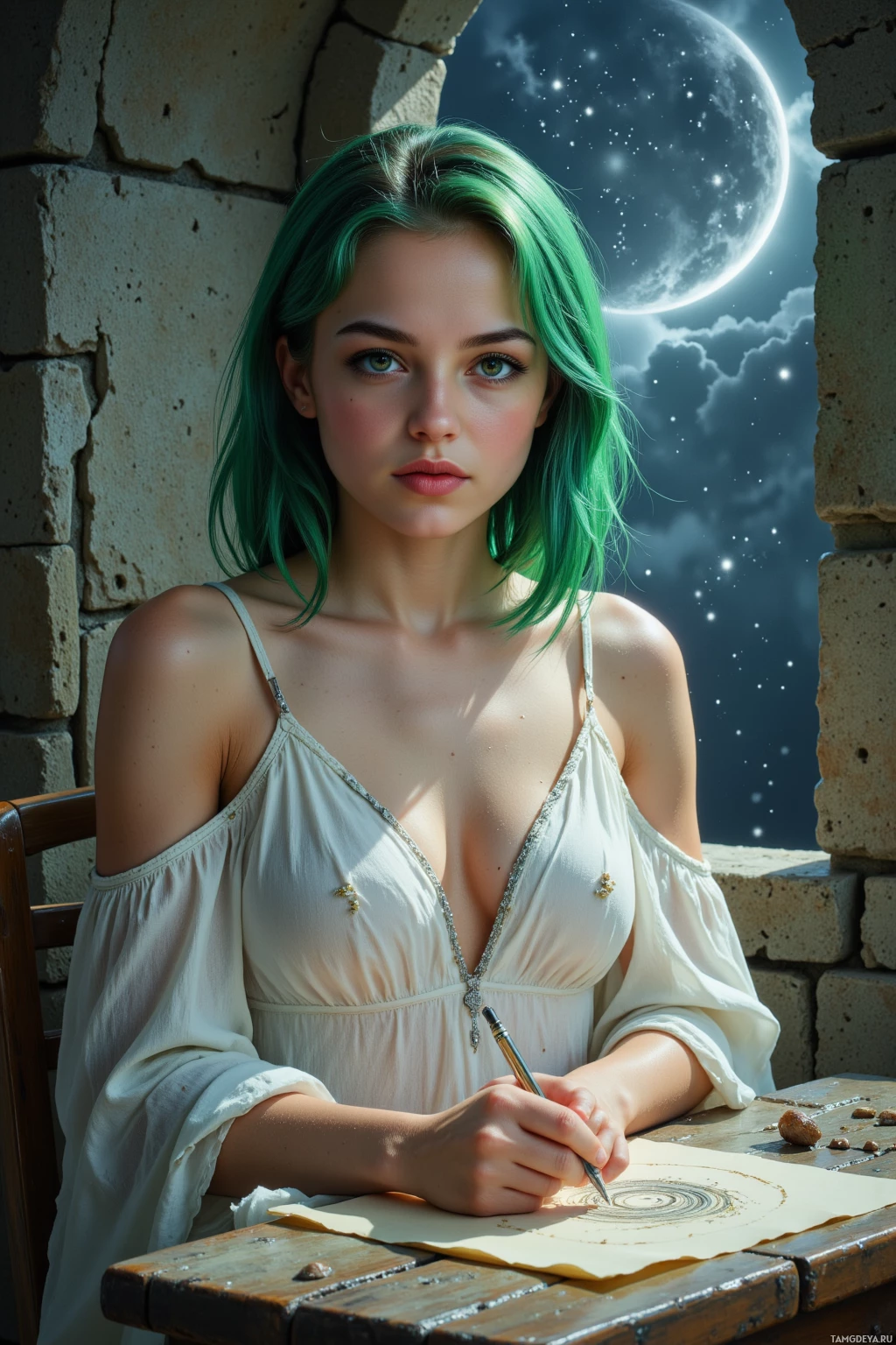 Молодая женщина с зелёными волосами сидит за столом и рисует на бумаге под ночным небом с полной луной.
