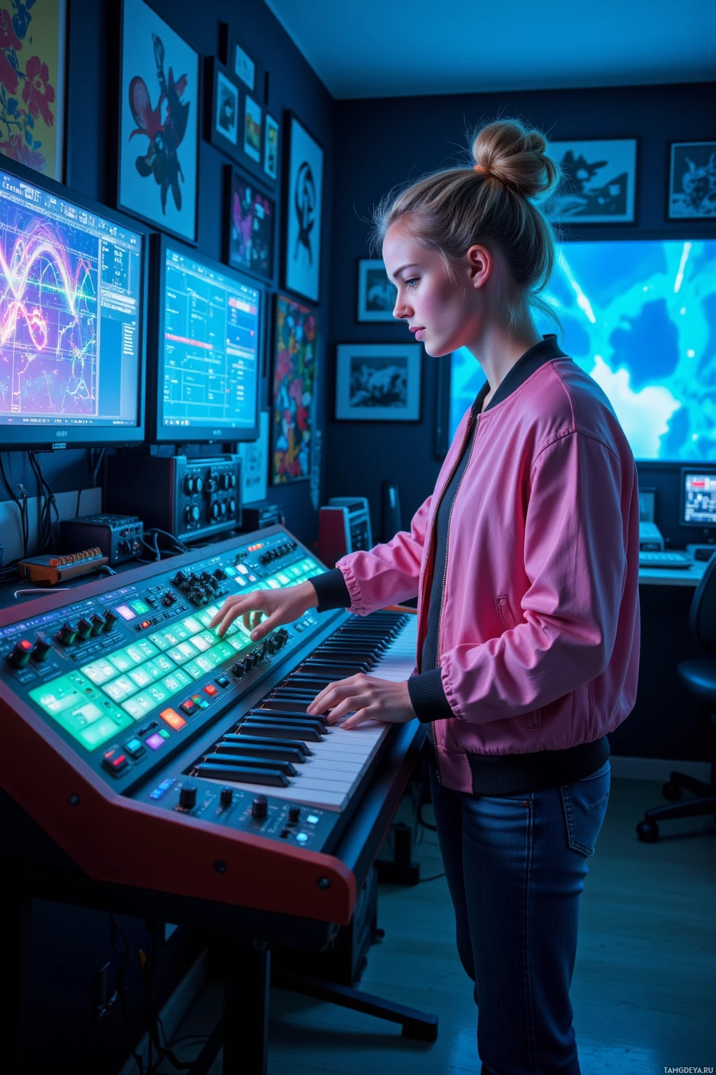 Realistic high quality photo. Nighttime studio with dim blue holographic synth panels, a 26‑year‑old woman with a blonde messy bun, blue‑green eyes, wearing a pink bomber jacket, blue jeans and white sneakers, standing by a glowing modular synth, adjusting a reverb knob while a glitchy waveform flickers on the screen.