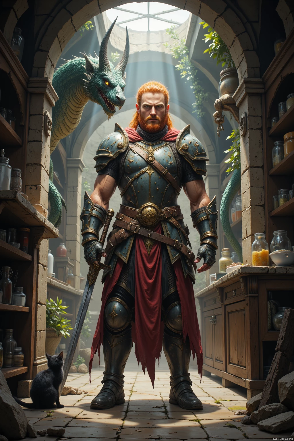 Realistic high quality photo. A muscular 38‑year‑old warrior with fiery red hair, sharp green eyes, clad in rugged battle armor, standing between a rogue dragon with scaly wings and a misplaced stone while holding a rusty sword, in a dimly lit medieval kitchen where a cat watches over a pantry, dawn light filtering through.
