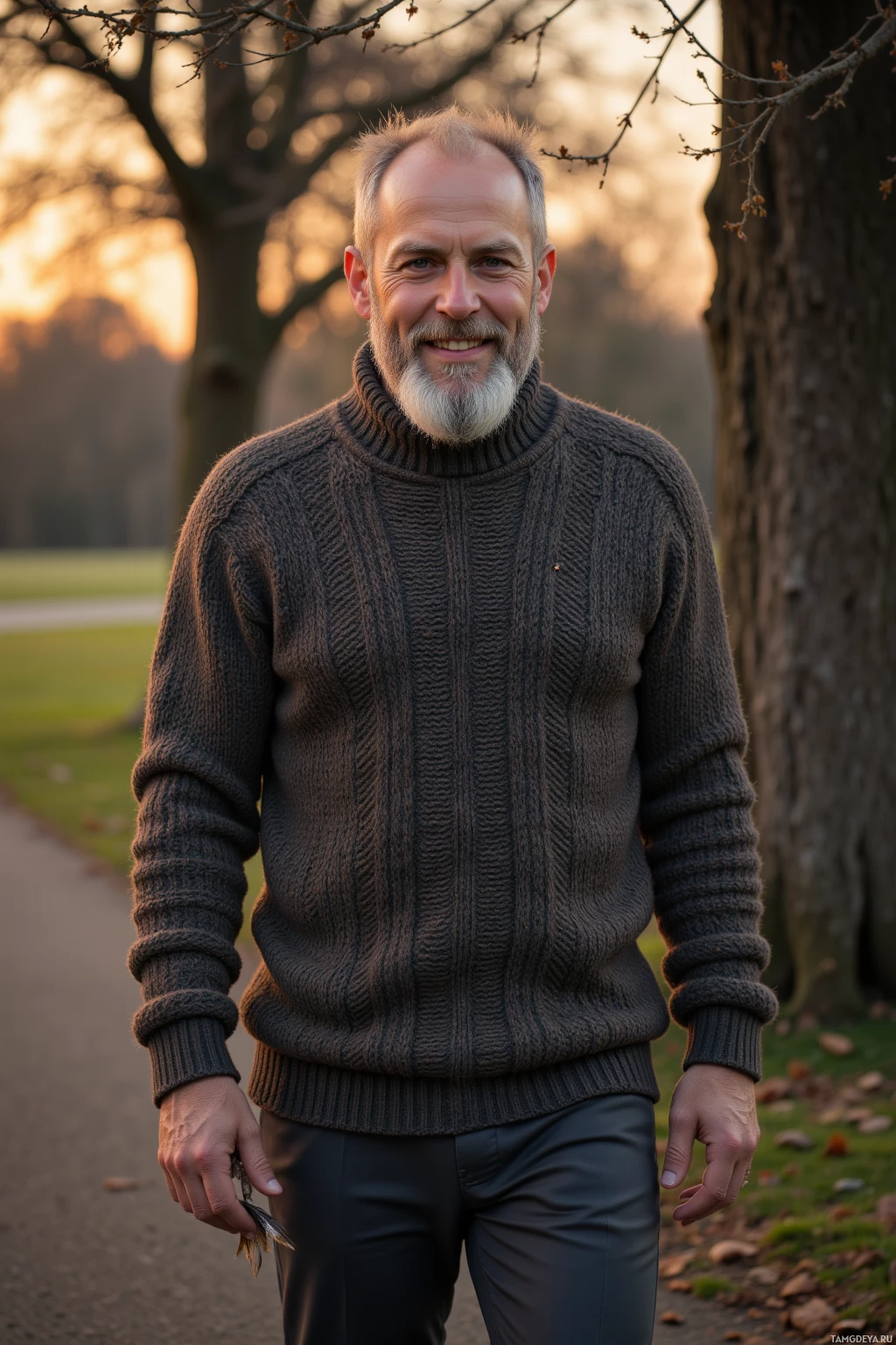 Realistic high quality photo. 45‑year‑old man with full blonde beard, blue eyes, slightly greying temples, wearing a cozy knitted sweater and dark trousers, walking at dusk along a path beside an old oak tree, holding a stray feather, smiling gently as warm evening light casts soft shadows in a quiet park.