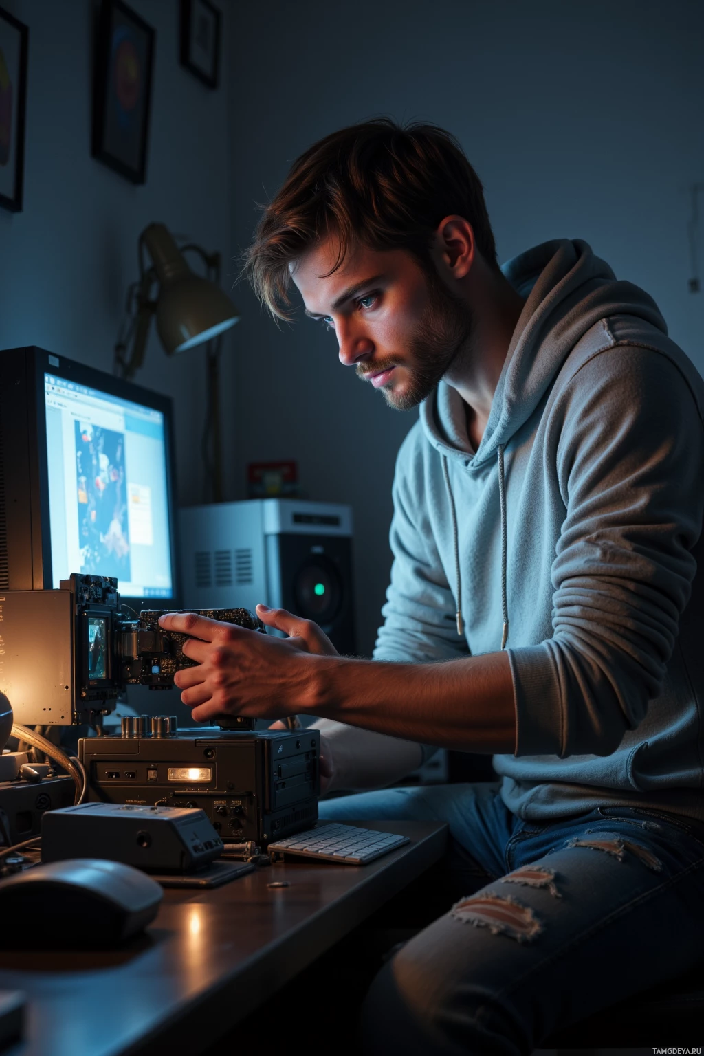 В полумраке комнаты кто-то работает за компьютером.