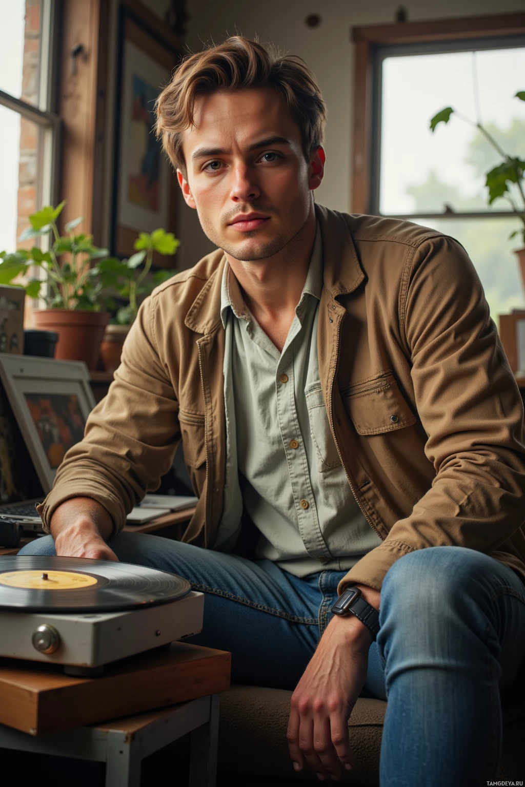 Realistic high quality photo. A 29‑year‑old man with short light brown hair, soft green eyes, relaxed posture, wearing a light shirt, jeans and a casual jacket, sits in a modest living room with a vintage turntable spinning a vinyl record, a soft breeze lifting a leaf through a partially open window while natural light bathes the room.