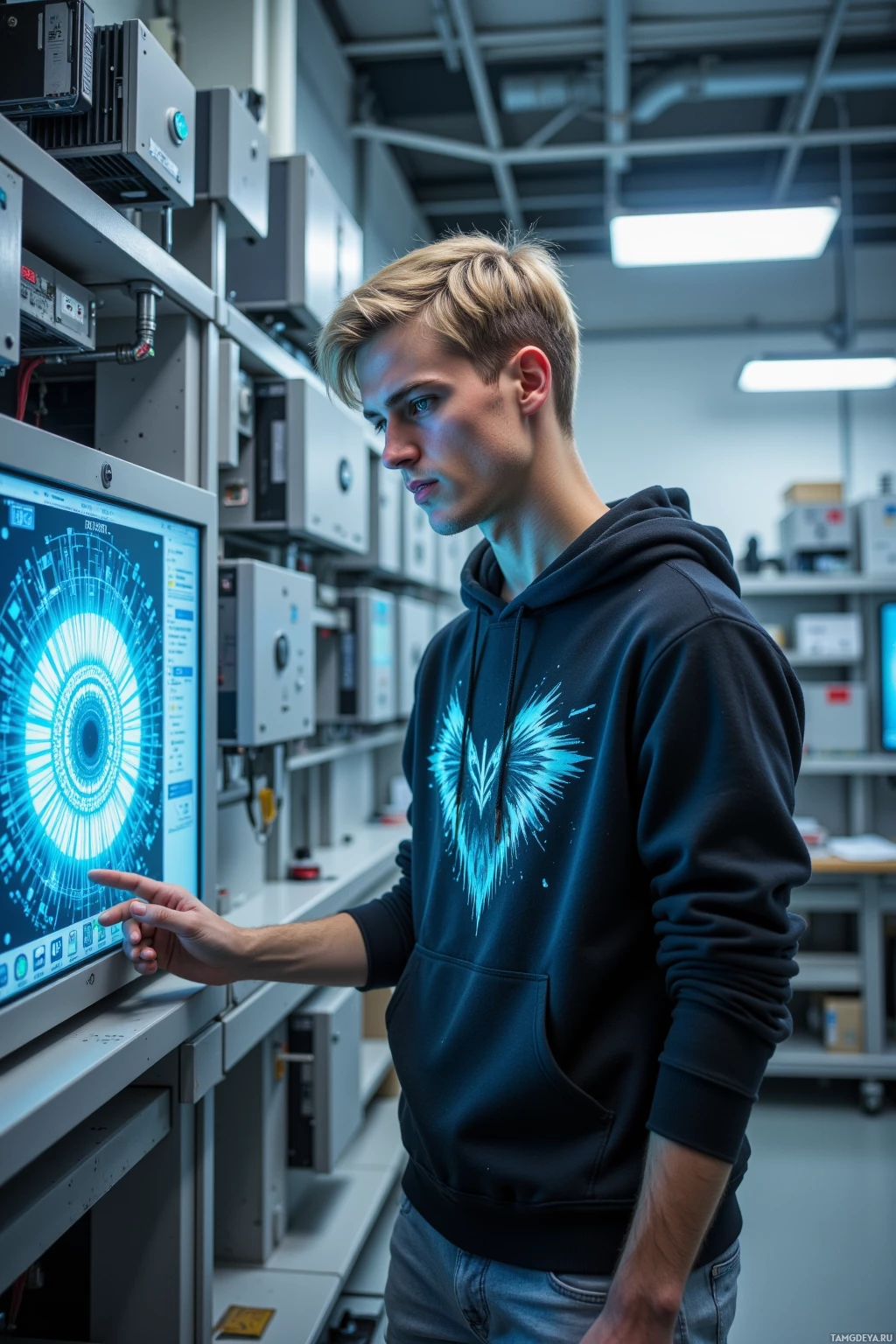 Человек в толстовке стоит в технологической лаборатории и работает с компьютером, на экране которого отображается круговой интерфейс.