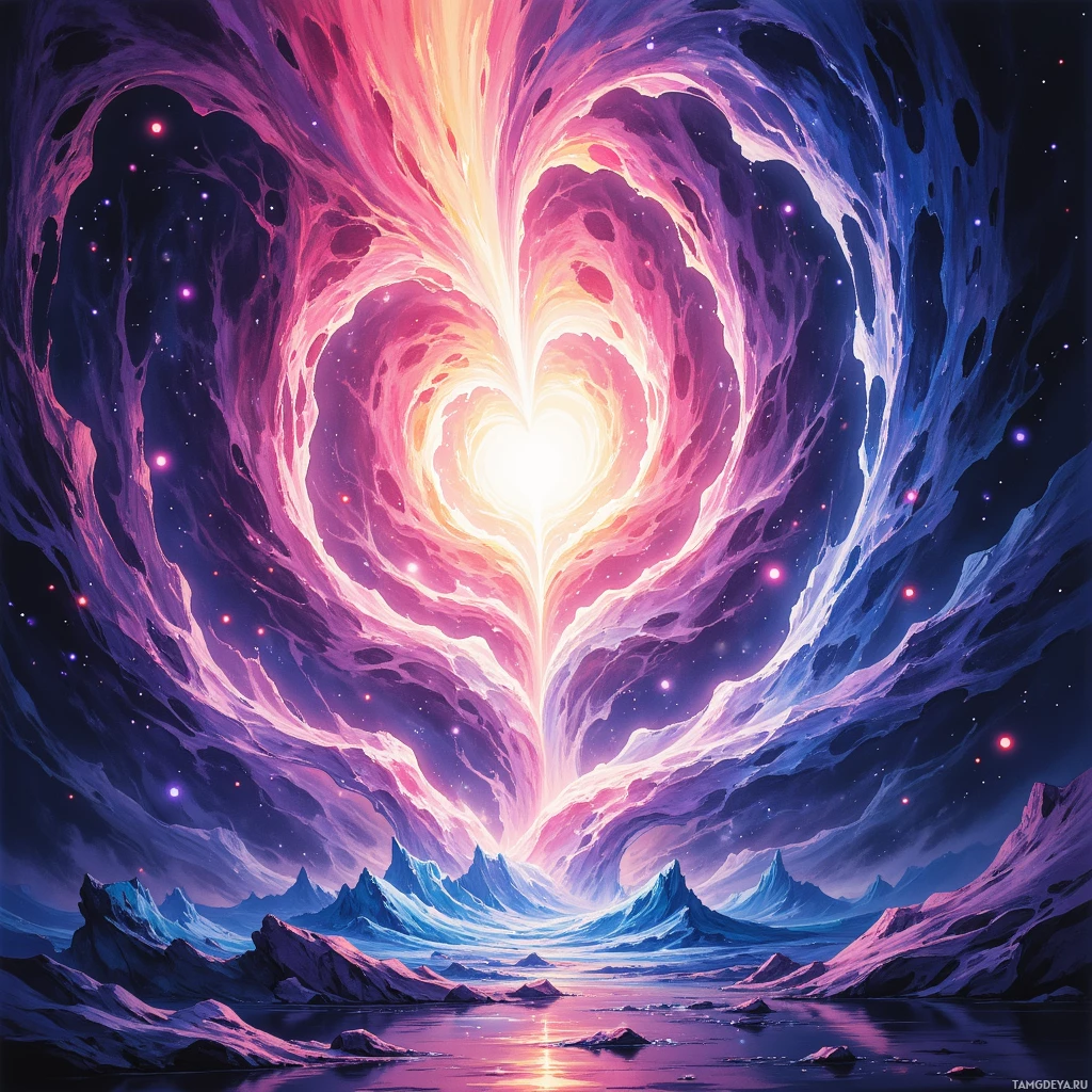 Яркий, космический пейзаж с сияющим порталом в форме сердца, окружённым звёздным небом и ледяными горами.