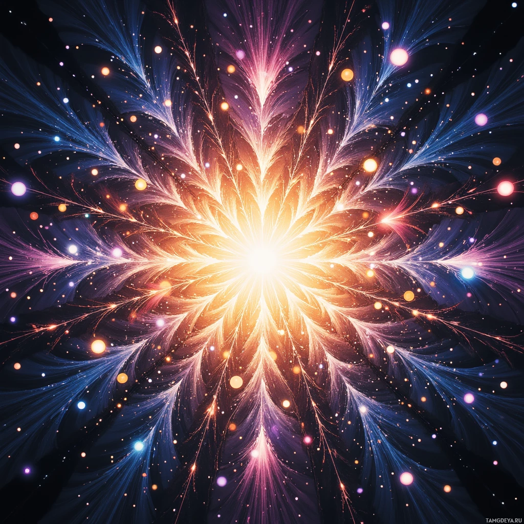 Яркая абстрактная картина, изображающая сияющий взрыв света с красочными, разветвлёнными узорами и мерцающими точками на тёмном фоне.