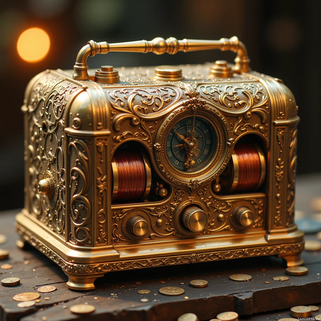 Semi-abstract image with many light, that is suitable for the post:  Brass wind‑up radio with a finely etched Victorian filigree chassis, exposed copper coils, a brass tuning fork, visible mainspring, and intricate gear train and ratchet escapement in a classic mechanical aesthetic.