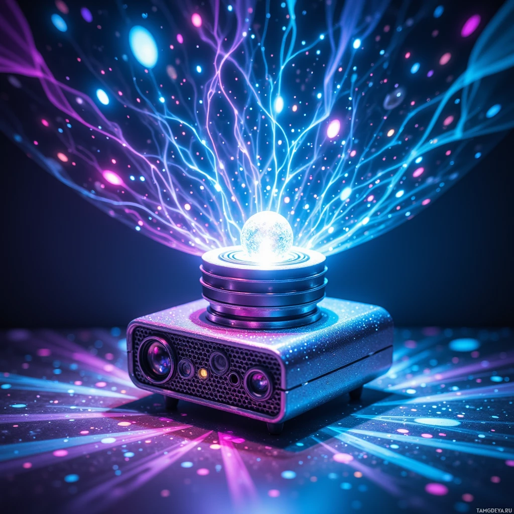 Футуристическое устройство излучает яркие, светящиеся лучи на фоне космического пейзажа, усыпанного звездами.