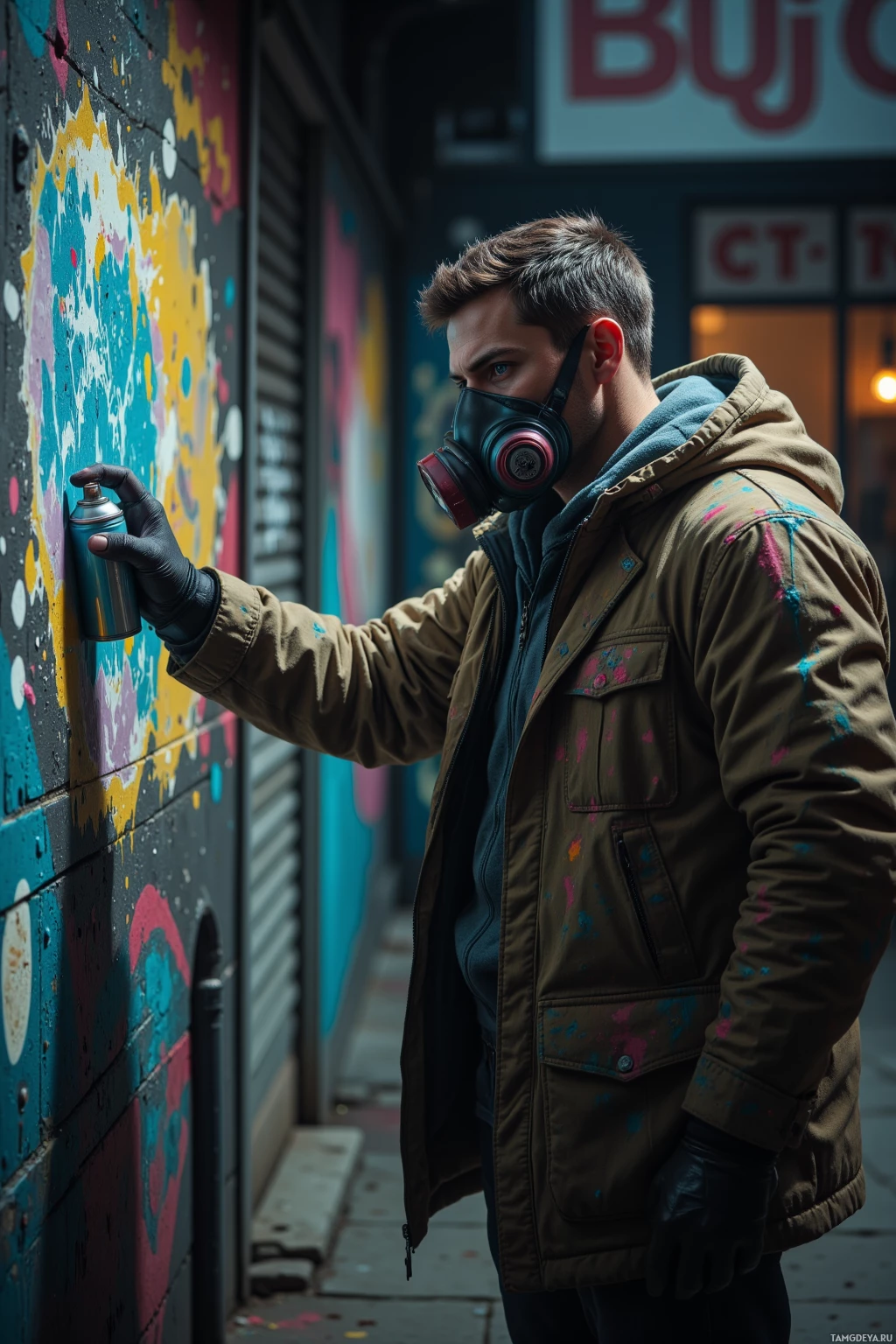 Realistic high quality photo. A rugged 30‑year‑old male with short dark hair, piercing blue eyes, wearing a paint‑stained jacket and gas mask, holding a spray can, presses a stencil against a concrete wall in a dim back alley behind a boarded‑up storefront at night, colorful spray paint swirling against the muted backdrop.