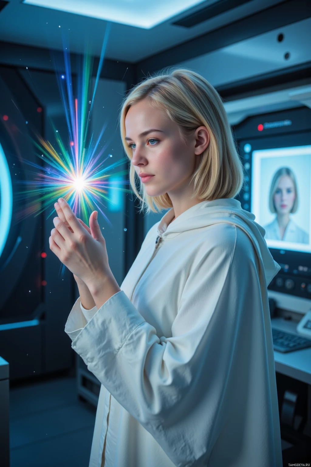 Realistic high quality photo. Woman, 29, shoulder‑length blonde hair, icy blue eyes, pale skin, wearing a minimalist white cloak, stands in a dimly lit cryogenic lab holding a Lumen Prism as a stray photon shimmers into a kaleidoscope of colors, she traces spectral fringes with a focused, amused expression, surrounded by advanced holographic displays and humming cryo‑chambers.