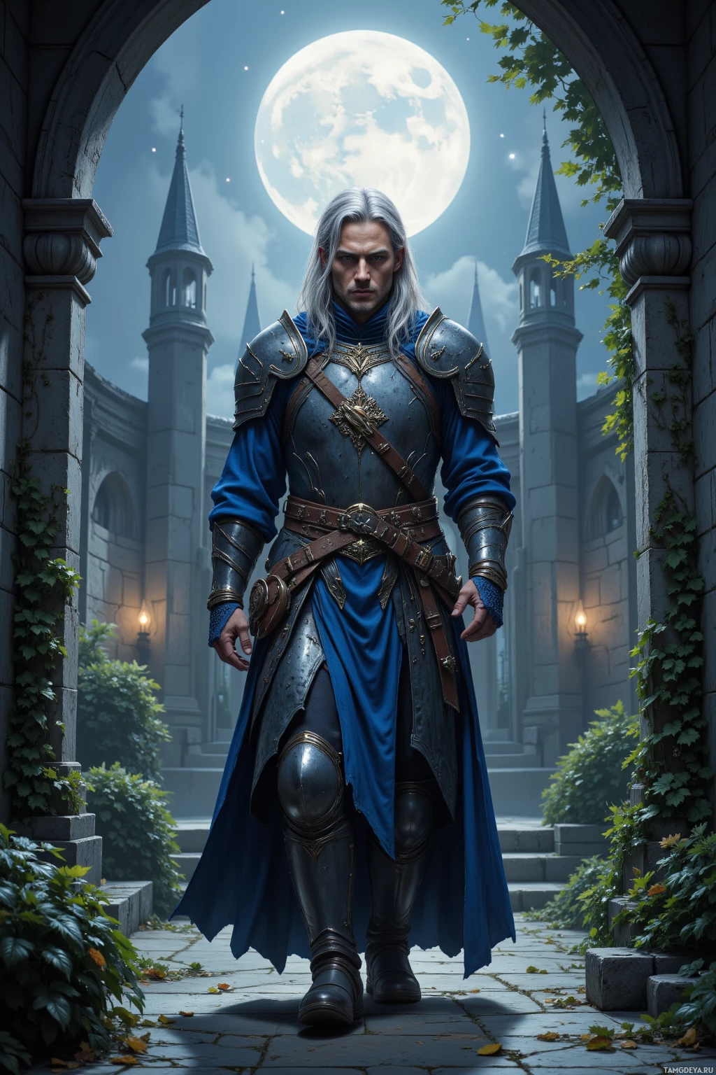 Realistic high quality photo. Ancient male warrior, 300, long silver hair to shoulders, piercing blue eyes, elegant timeless armor, walking quietly through a moonlit corridor of a forgotten kingdom with silver spires, ivy-clad stone gardens, soft gaze, serene atmosphere.
