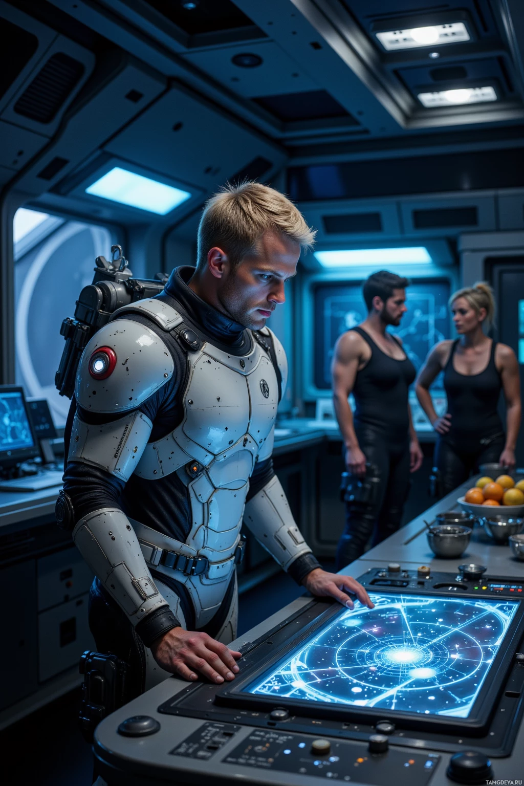 Человек в футуристических доспехах взаимодействует с высокотехнологичным дисплеем в научно-фантастической обстановке.