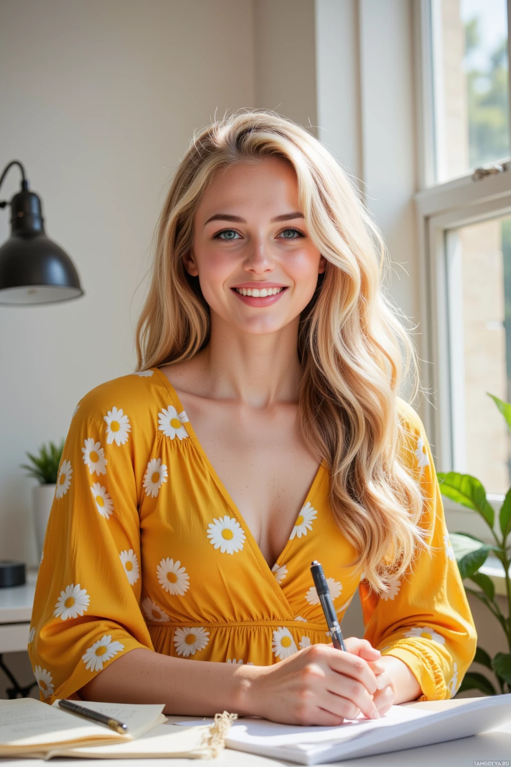 Realistic high quality photo. woman, 29, long curly blonde hair, bright blue eyes, sun‑kissed glow, radiant smile, wearing a bright flowy yellow sundress with white flowers and simple sandals, seated at a home office desk with a warm desk lamp, writing in a notebook, laughing and dancing playfully, sunlight streaming through a window, modern realistic setting, uplifting atmosphere