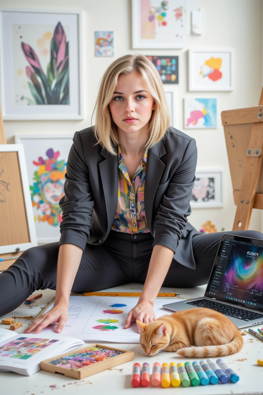 Realistic high quality photo. Woman, 26, medium-length straight blonde hair, bright green eyes, pale skin, wearing a sleek casual blazer over a colorful blouse and tailored pants, stretching in a bright studio while a playful cat curls in the corner, surrounded by sketchbooks, a community board canvas, a laptop with a playlist screen, and colorful paint tubes, her energetic yet thoughtful expression as she selects a final color palette.