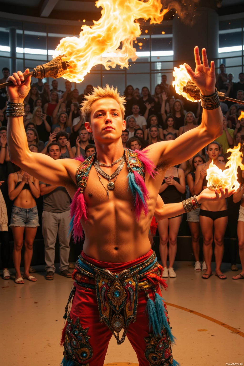 Realistic high quality photo. Male fire dancer with short blonde hair, bright blue eyes, sun‑kissed skin, strong jawline, wearing a colorful festival‑inspired outfit with sequins, feathers, and a silver necklace, stands in a brightly lit modern gym juggling a flaming towel that sparks pyrotechnic effects, his toned abs illuminated by the flames while an excited crowd cheers.