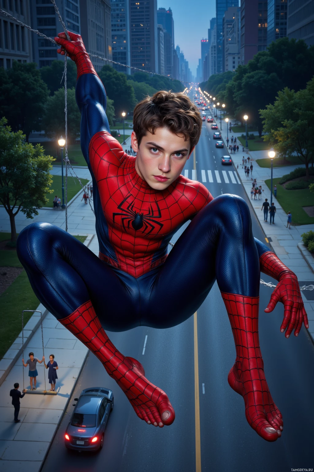 Realistic high quality photo. A lean young man in a red and dark navy Spider‑Man suit with short brown hair and expressive blue eyes swings on a web above a night‑time city street, overlooking a park where children play on swings while an old woman on the curb is shielded from traffic, his determined yet calm expression reflected in the gentle glow of street lamps.