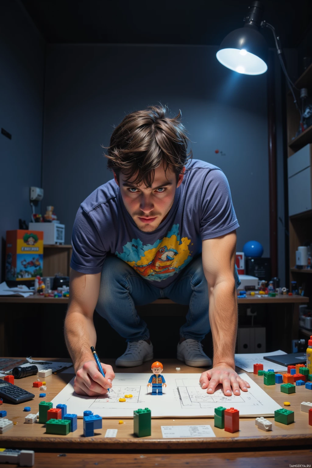 Realistic high quality photo. 29‑year‑old man with messy dark hair, bright blue eyes, fair skin with freckles, wearing a dinosaur‑and‑Lego graphic t‑shirt, blue jeans, and white sneakers, hunched over a drafting table in a dim bedroom at 2 AM, surrounded by scattered plastic Lego bricks, a pile of glued bricks, a calculator, and a spray bottle of glue fumes, holding a minifig limb while scribbling measurements on a clipboard, the air thick with sticky glue vapor and a single desk lamp casting soft light.