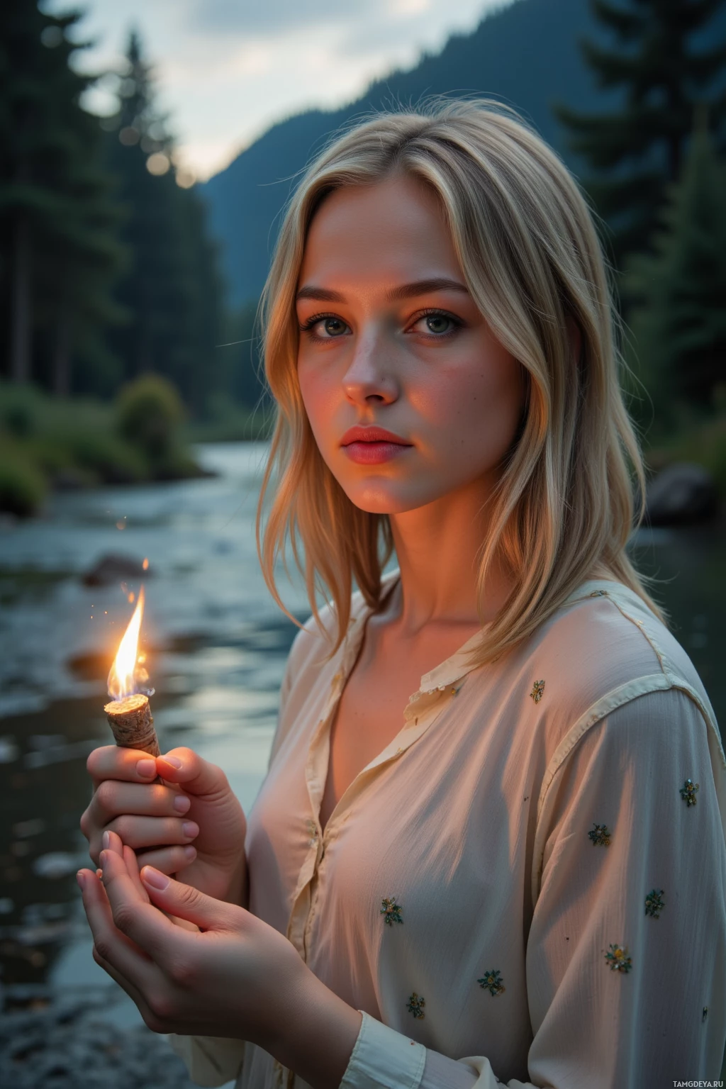 Женщина держит зажженную свечу возле спокойной реки, на фоне густого леса.