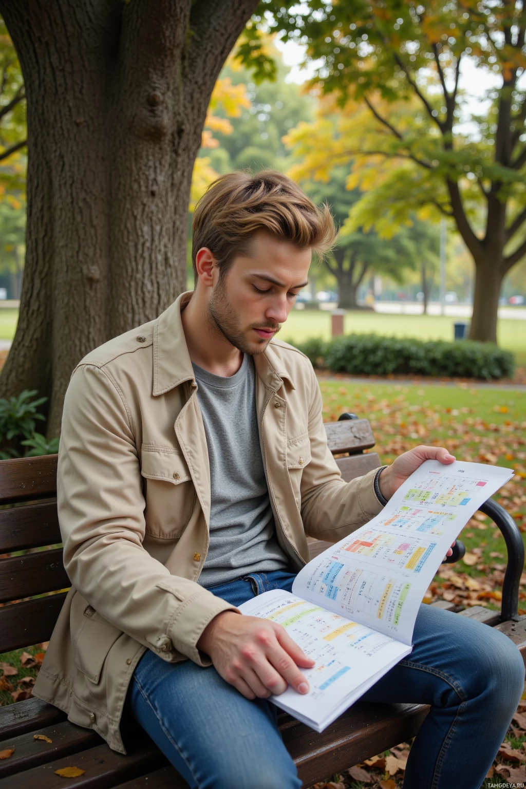Realistic high quality photo. A 25‑year‑old man with light blonde hair and green eyes, wearing a soft beige windbreaker and simple shirt, sits on a park bench beneath an elm tree named Mara, leaf litter around him, late afternoon light illuminating his open calendar as he looks pensively down.