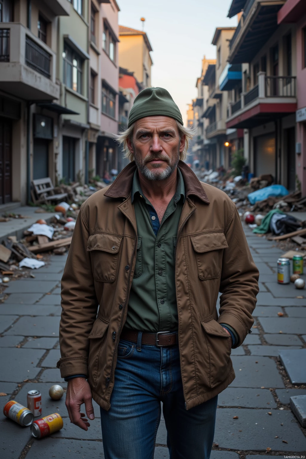 Мужчина стоит в заваленной мусором подворотне, одетый в коричневую куртку и зеленую рубашку.