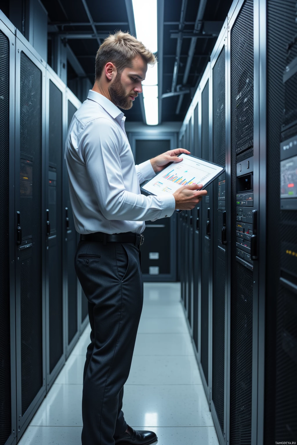 Мужчина в серверной комнате следит за оборудованием с помощью планшета.