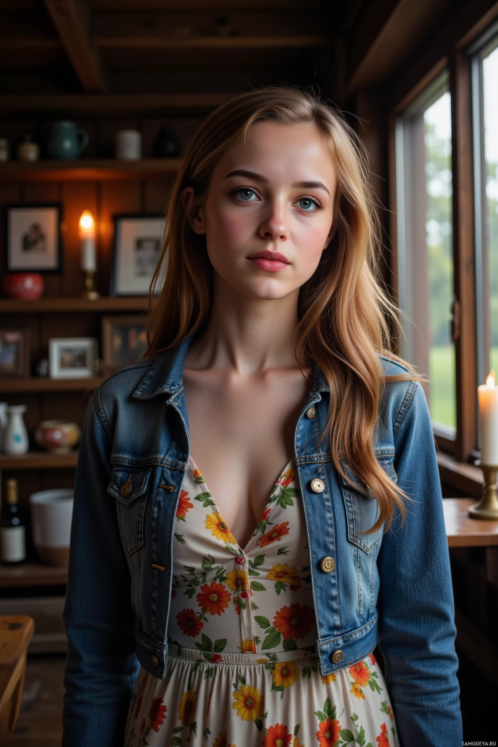 Realistic high quality photo. 24‑year‑old woman with long wavy auburn hair, blue eyes, gentle smile, wearing a floral dress and denim jacket, standing in a cozy attic lit by a single candle, rain patting the window, soft light casting shadows, calm and contemplative expression.