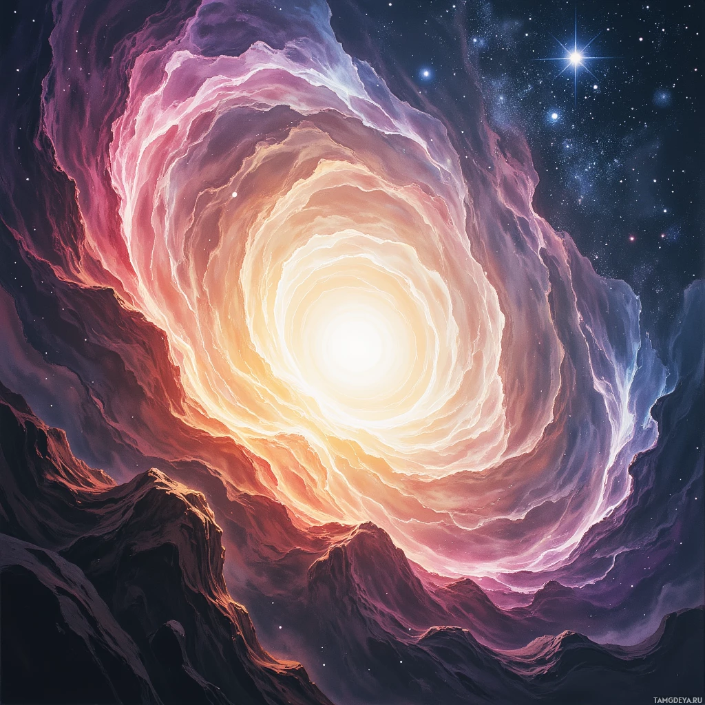 Космический пейзаж с завихряющейся туманностью, переливающейся яркими красками, и светящимся центральным источником.