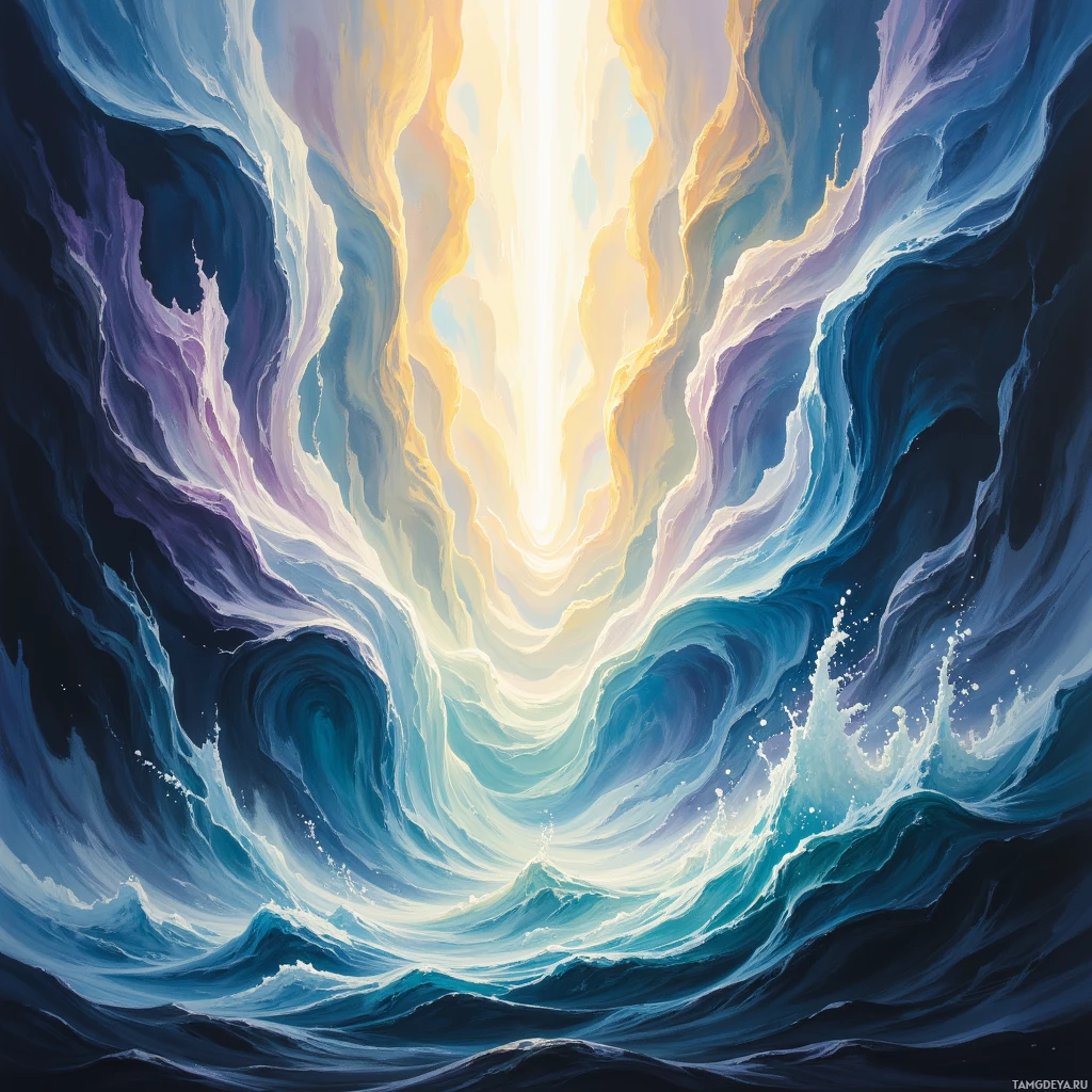 Semi-abstract image with many empty light space at center of beautiful background, that is suitable for the post:  The tide's hush feels like a secret handshake, reminding me that even calm guardians need a surge of fresh rebellion.