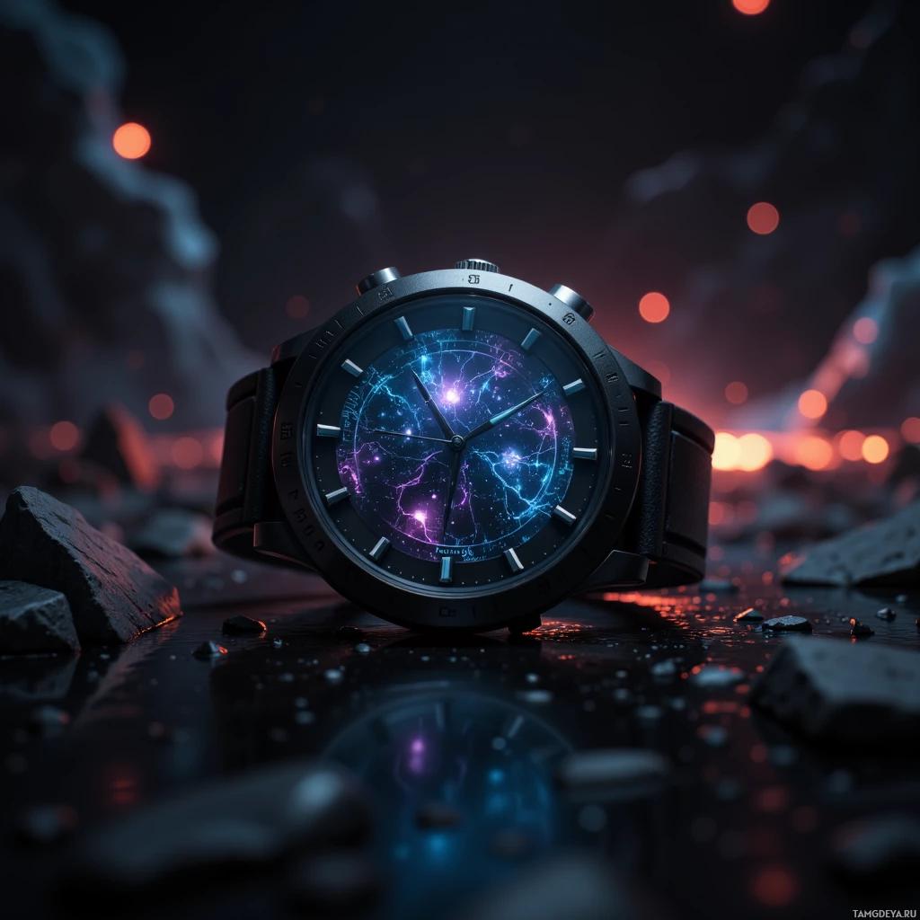 Semi-abstract image with many light, that is suitable for the post:  Titanium-hardened matte black wristwatch with minimalist noir lines, translucent sapphire crystal face, thin side touchpad, a tiny OLED display flickering in a vivid game‑theme color, and a subtle digital data graph overlay, sleek futuristic design.