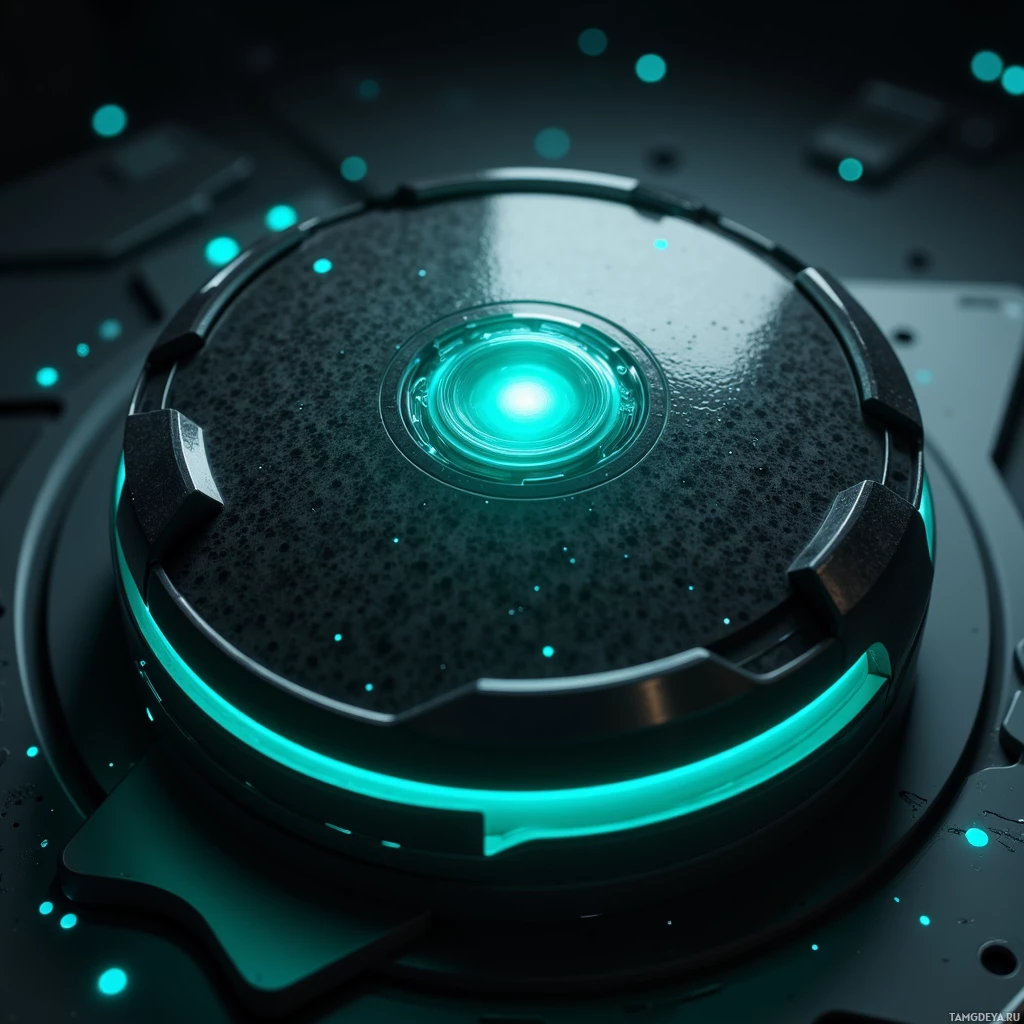 Футуристическое круглое устройство с подсвеченными бирюзовыми огнями и светящимся центральным ядром.