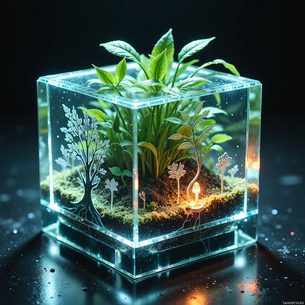 Semi-abstract image with many light, that is suitable for the post:  Tiny glass cube planter with etched root‑like botanical glyphs on its edges, translucent interior housing a micro‑hydroponic system, soft LED panels glowing with dawn and dusk hues, a small built‑in button and subtle chime mechanism, sleek glass construction.