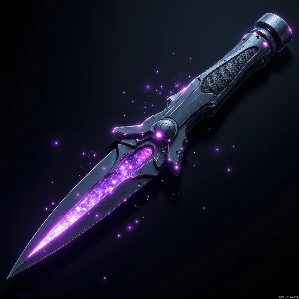 Футуристический нож со светящимся фиолетовым лезвием и замысловатым дизайном.