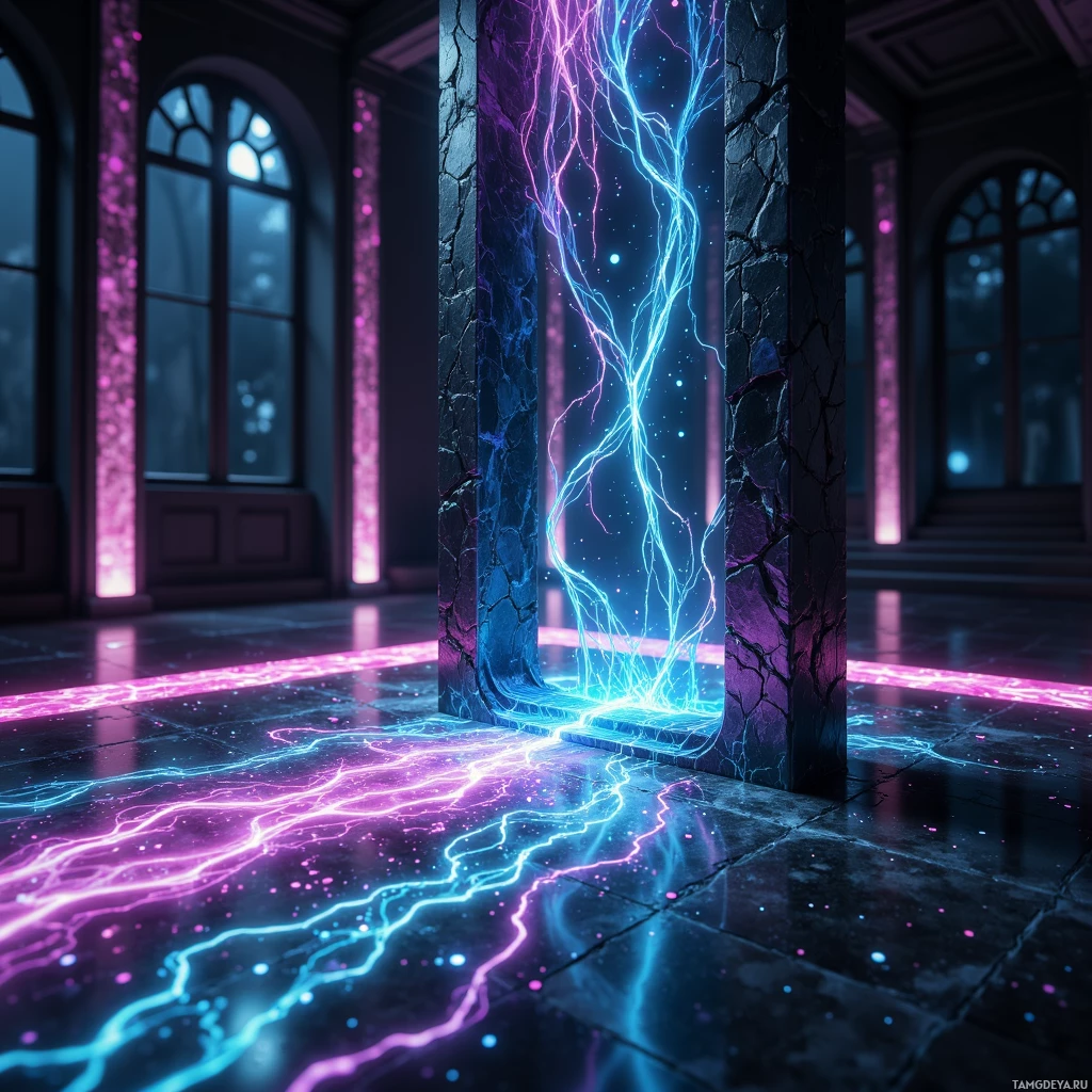 Semi-abstract image with many light, that is suitable for the post:  slender obsidian alloy frame with a living lattice of phosphorescent filaments that ripple when touched, a translucent ribbon of data interface sliding across the surface, projecting a shifting kaleidoscope of colors onto a nearby wall in a sleek, futuristic design.