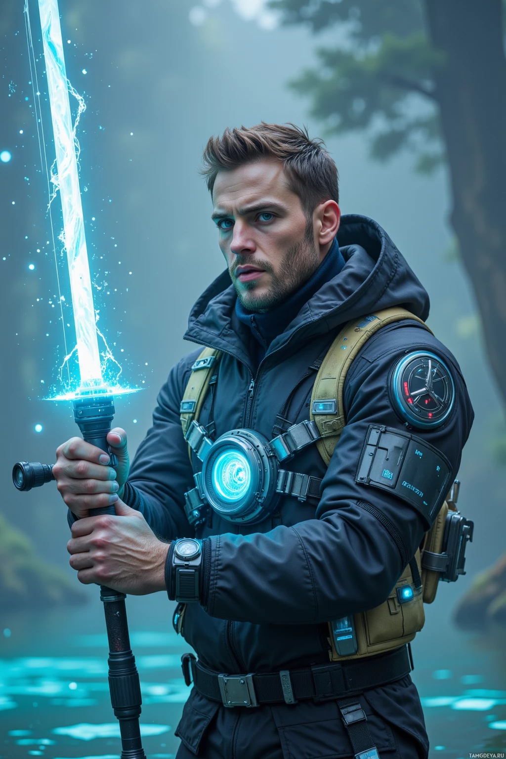 Человек в футуристической экипировке держит светящийся меч, стоя на открытом воздухе рядом с водоёмом.