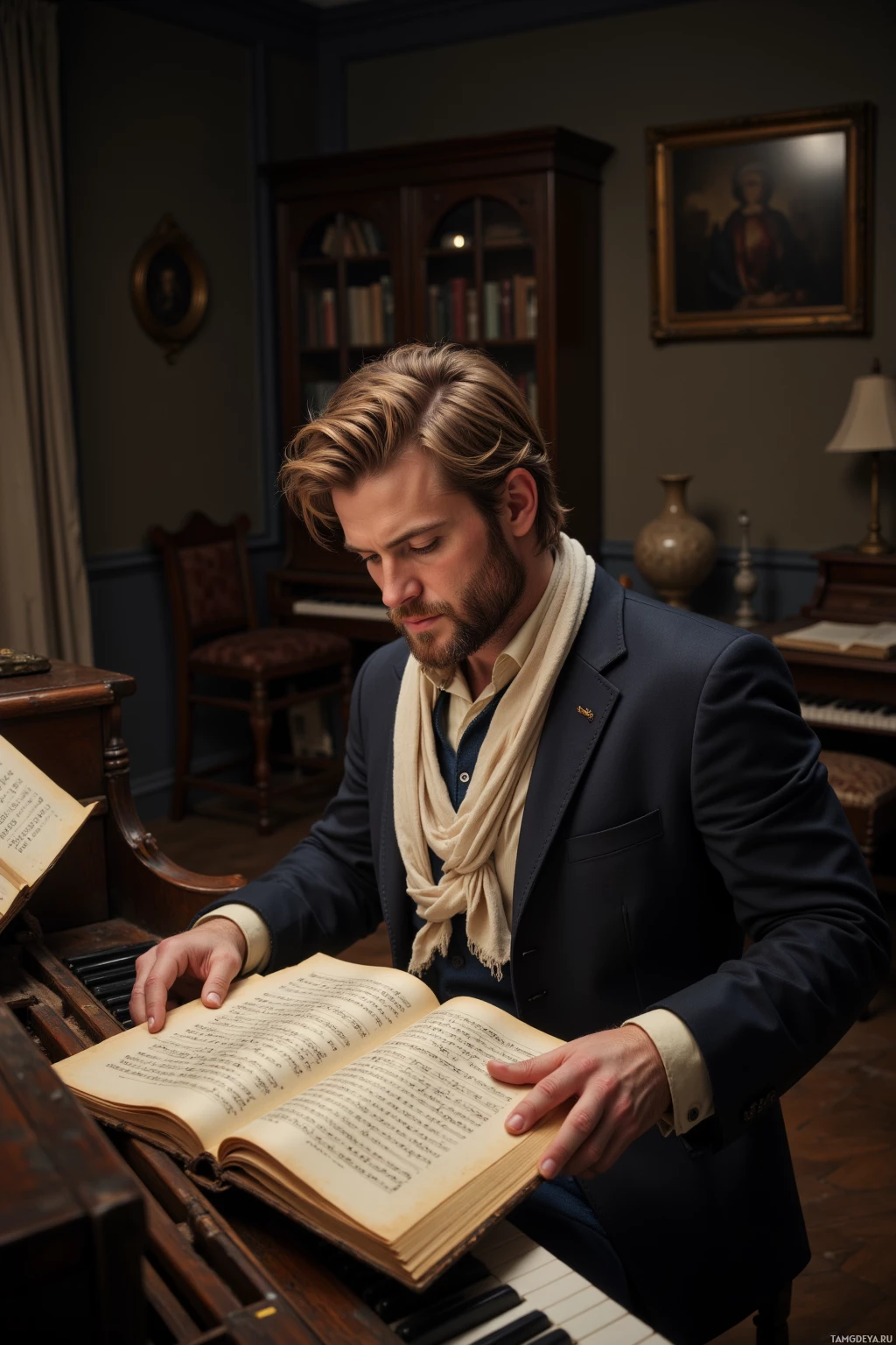 Realistic high quality photo. A 34‑year‑old man with neat light brown hair, trimmed beard, blue eyes, wearing a tailored casual blazer over a soft cream shirt and a loosely draped light scarf, sits at an old upright piano in a dimly lit apartment, studying a yellow‑stained 19th‑century fugue manuscript, his fingers poised above the page with a faint tremor as he contemplates letting a note linger beyond the score.