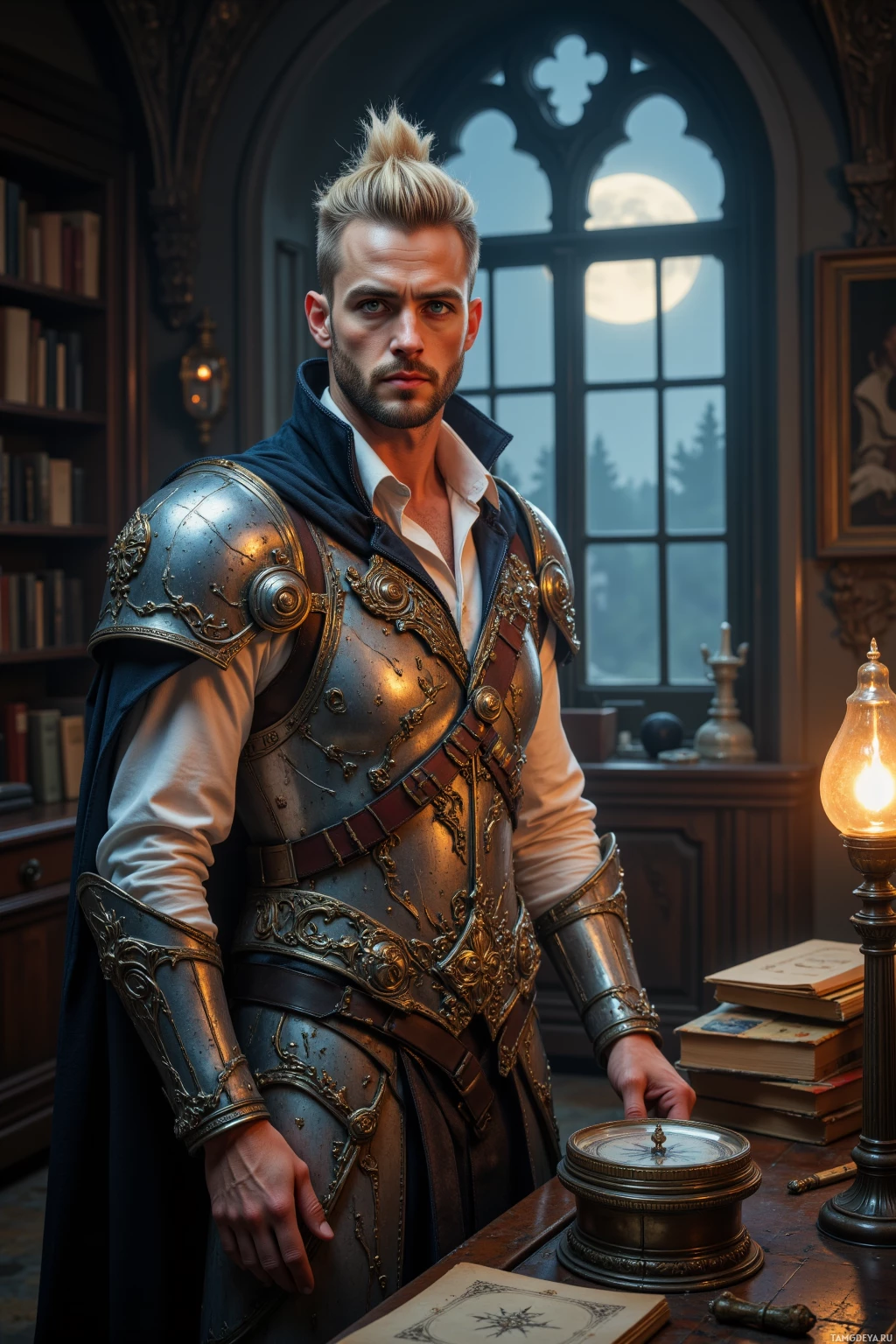 Мужчина в богато украшенных доспехах стоит в полумраке комнаты, через окно виднеется полная луна.