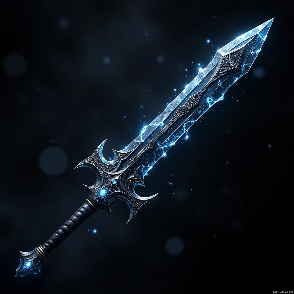 Сияющий, богато украшенный меч с замысловатыми узорами и голубым энергетическим свечением.